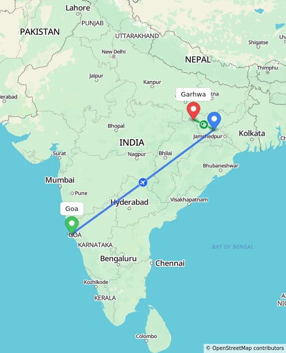 Route map showing distance and travel time from Goa, India to Garhwa, India
