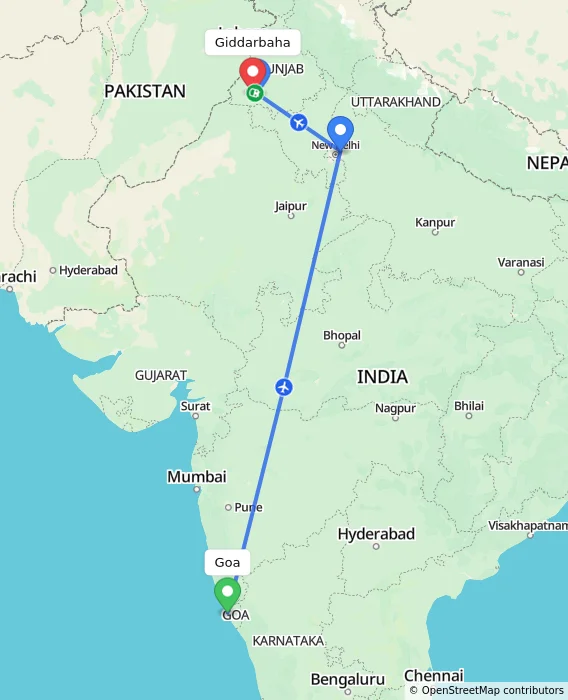 Route map showing distance and travel time from Goa, India to Giddarbaha, India