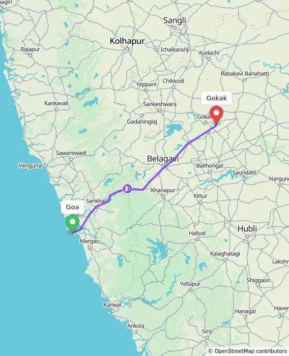 Route map showing distance and travel time from Goa, India to Gokak, India
