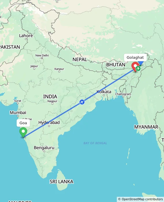 Route map showing distance and travel time from Goa, India to Golaghat, India