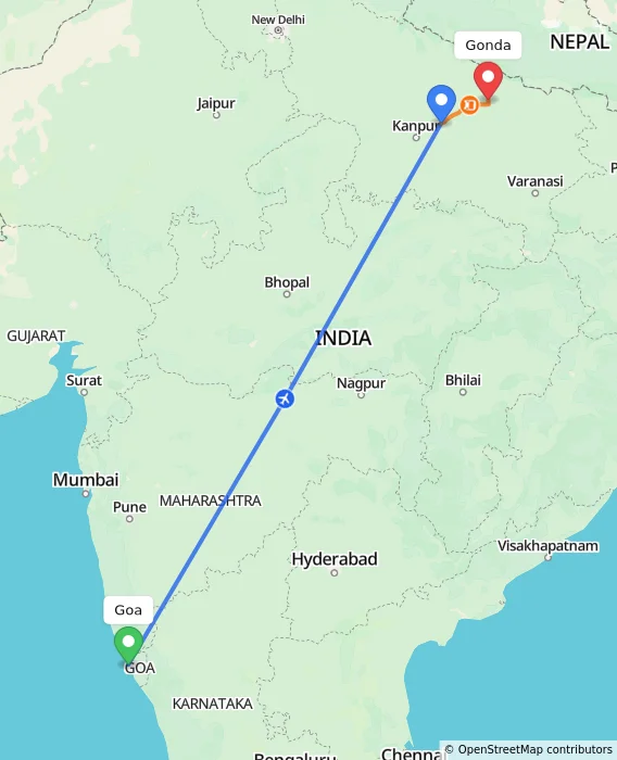 Route map showing distance and travel time from Goa, India to Gonda, India