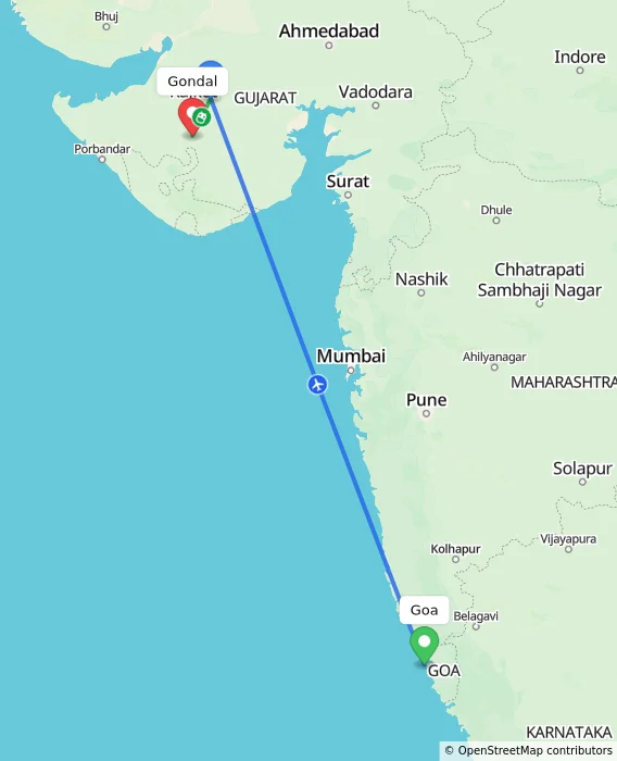 Route map showing distance and travel time from Goa, India to Gondal, India