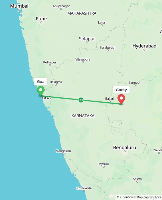 Route map showing distance and travel time from Goa, India to Gooty, India