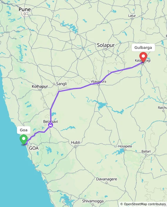 Route map showing distance and travel time from Goa, India to Gulbarga, India
