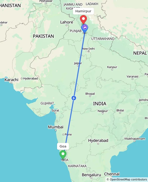 Route map showing distance and travel time from Goa, India to Hamirpur, India