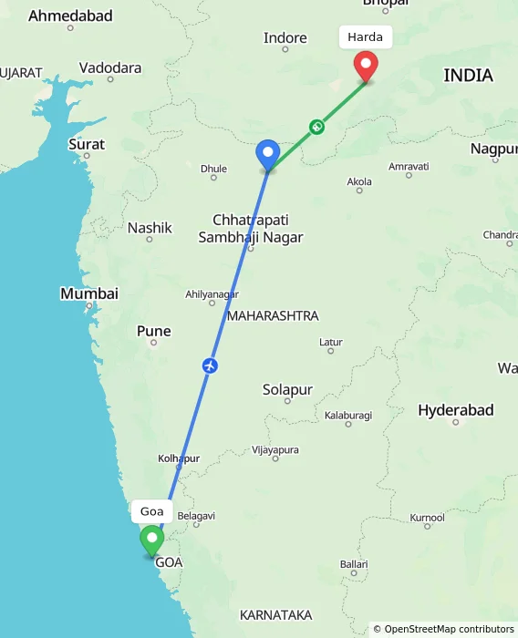 Route map showing distance and travel time from Goa, India to Harda, India