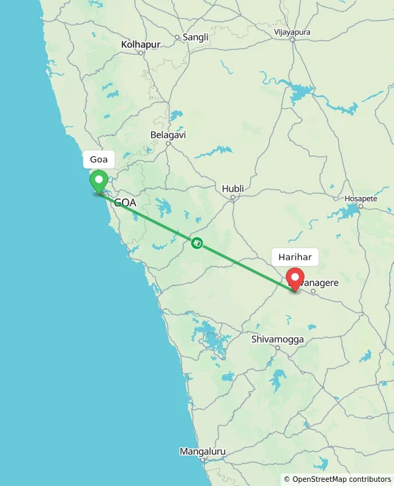 Route map showing distance and travel time from Goa, India to Harihar, India