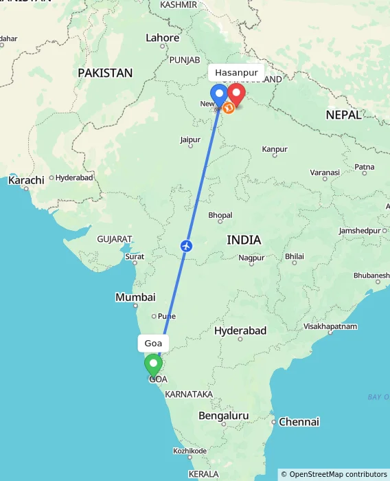 Route map showing distance and travel time from Goa, India to Hasanpur, India
