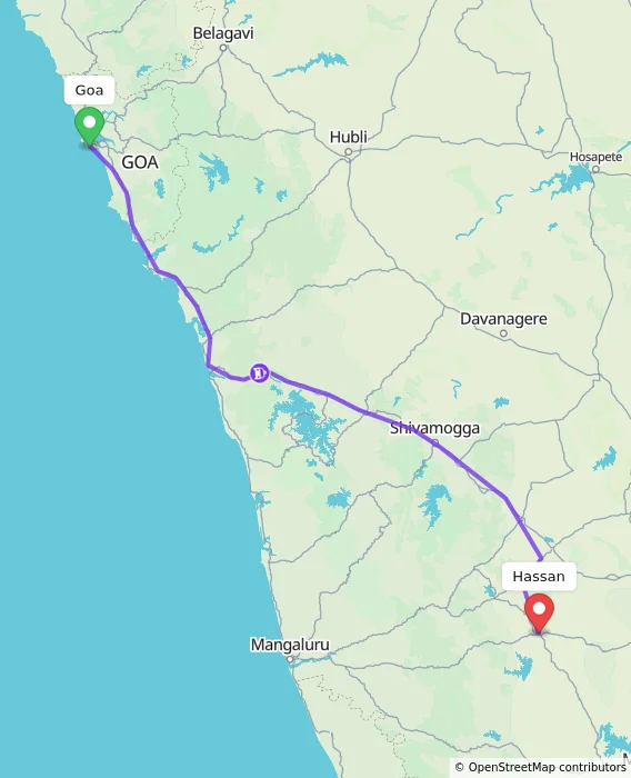 Route map showing distance and travel time from Goa, India to Hassan, India