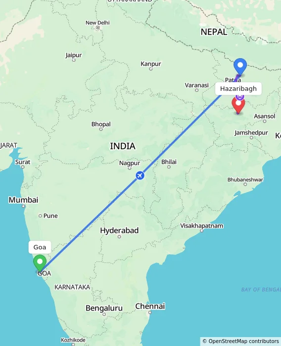 Route map showing distance and travel time from Goa, India to Hazaribagh, India