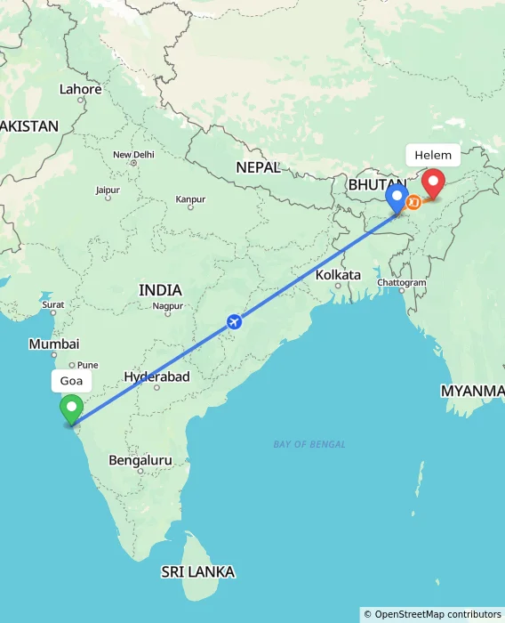 Route map showing distance and travel time from Goa, India to Helem, India