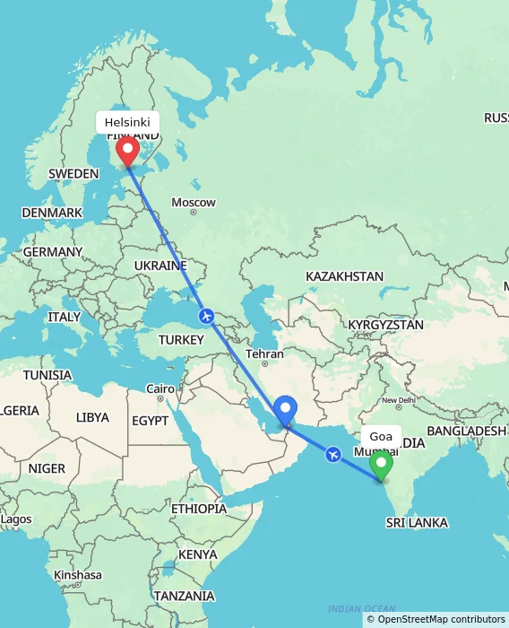 Route map showing distance and travel time from Goa, India to Helsinki, Finland