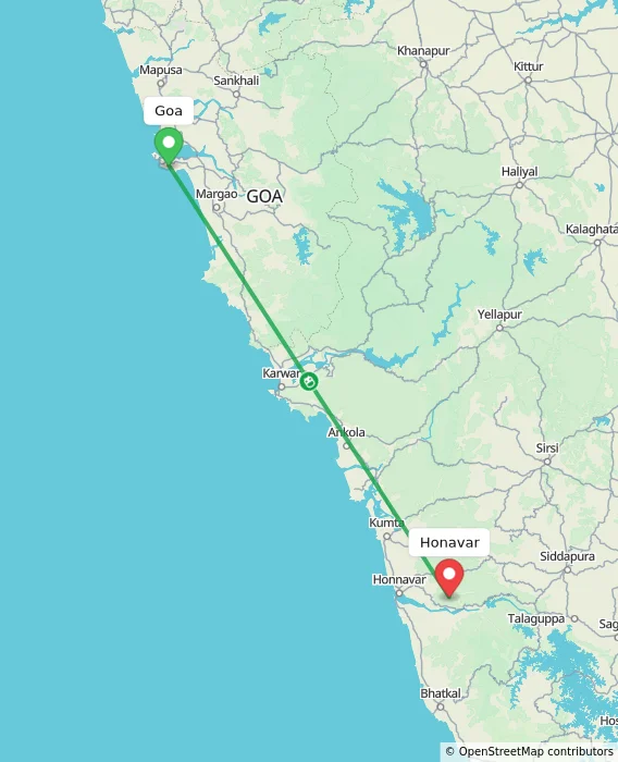 Route map showing distance and travel time from Goa, India to Honavar, India