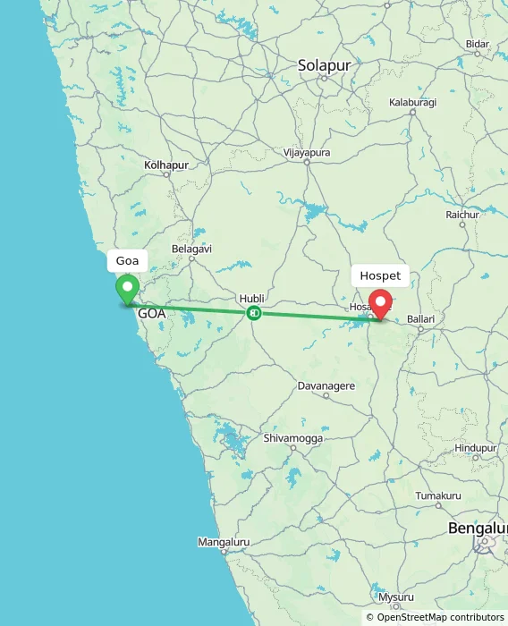 Route map showing distance and travel time from Goa, India to Hospet, India