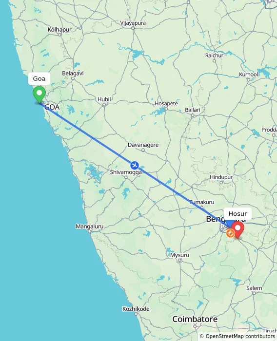 Route map showing distance and travel time from Goa, India to Hosur, India