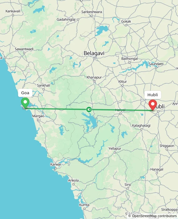 Route map showing distance and travel time from Goa, India to Hubli, India