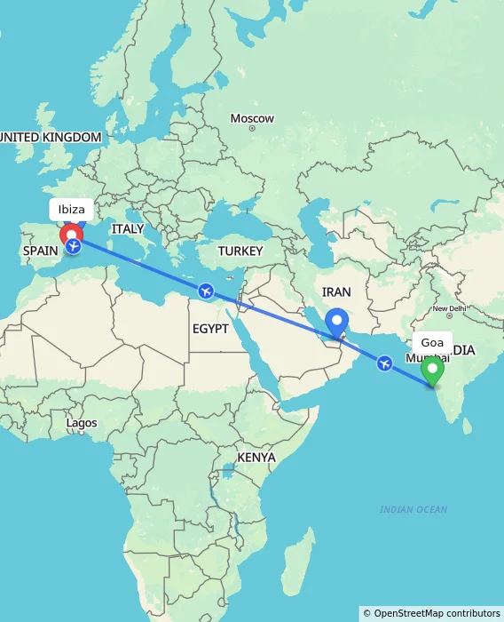 Route map showing distance and travel time from Goa, India to Ibiza, Spain