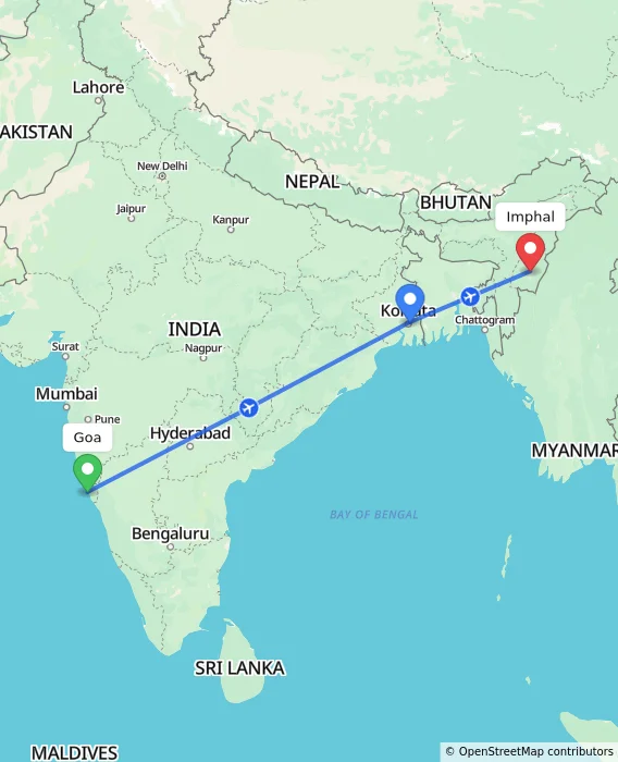 Route map showing distance and travel time from Goa, India to Imphal, India