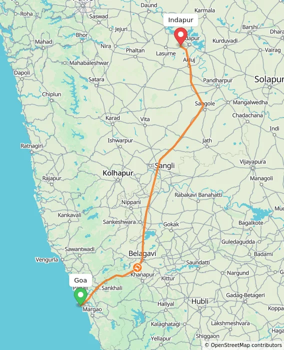 Route map showing distance and travel time from Goa, India to Indapur, India