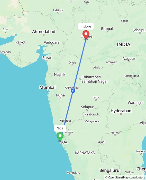 Route map showing distance and travel time from Goa, India to Indore, India