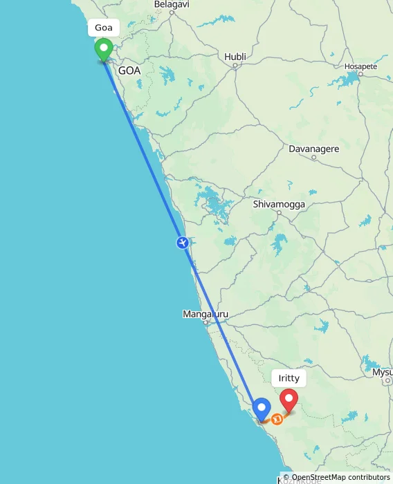 Route map showing distance and travel time from Goa, India to Iritty, India