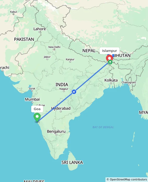 Route map showing distance and travel time from Goa, India to Islampur, India