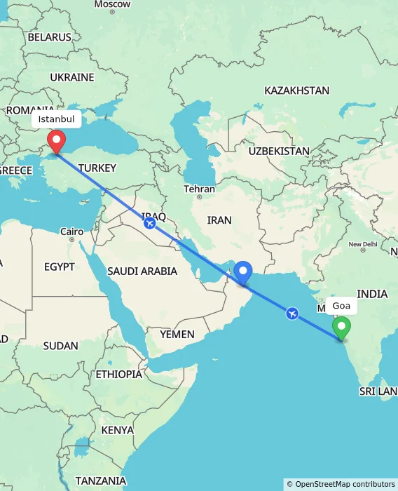 Route map showing distance and travel time from Goa, India to Istanbul, Turkey