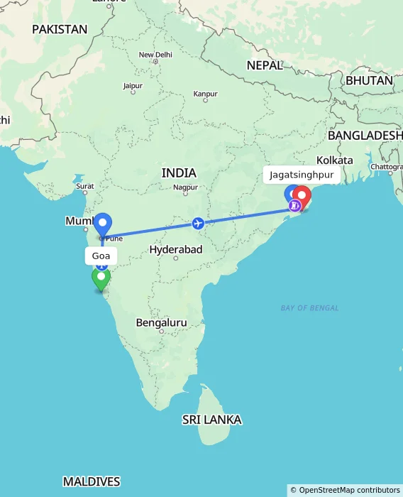 Route map showing distance and travel time from Goa, India to Jagatsinghpur, India