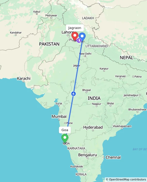 Route map showing distance and travel time from Goa, India to Jagraon, India