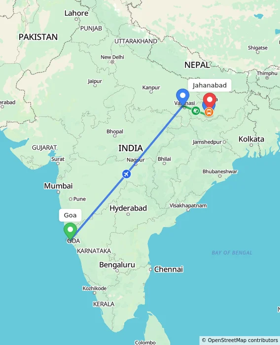 Route map showing distance and travel time from Goa, India to Jahanabad, India