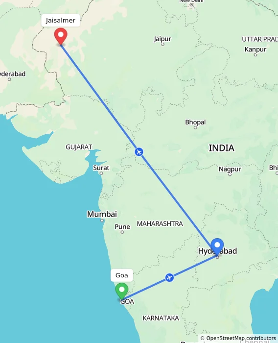 Route map showing distance and travel time from Goa, India to Jaisalmer, India
