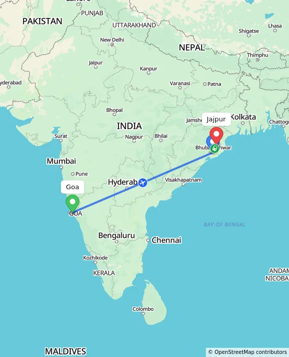 Route map showing distance and travel time from Goa, India to Jajpur, India