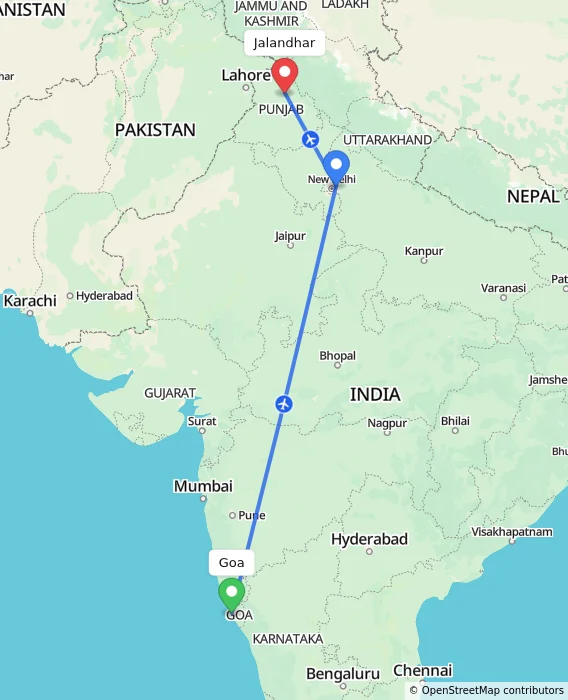 Route map showing distance and travel time from Goa, India to Jalandhar, India