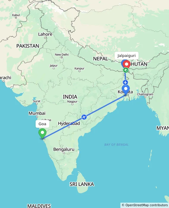 Route map showing distance and travel time from Goa, India to Jalpaiguri, India