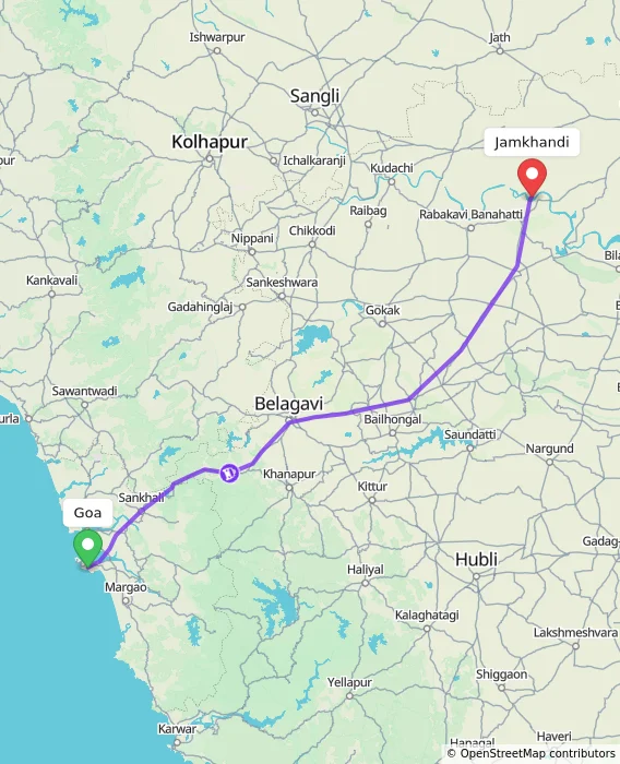 Route map showing distance and travel time from Goa, India to Jamkhandi, India