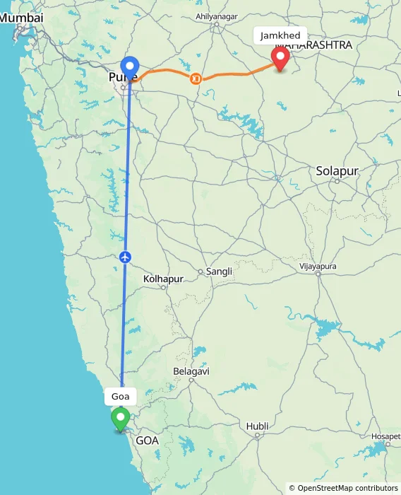Route map showing distance and travel time from Goa, India to Jamkhed, India