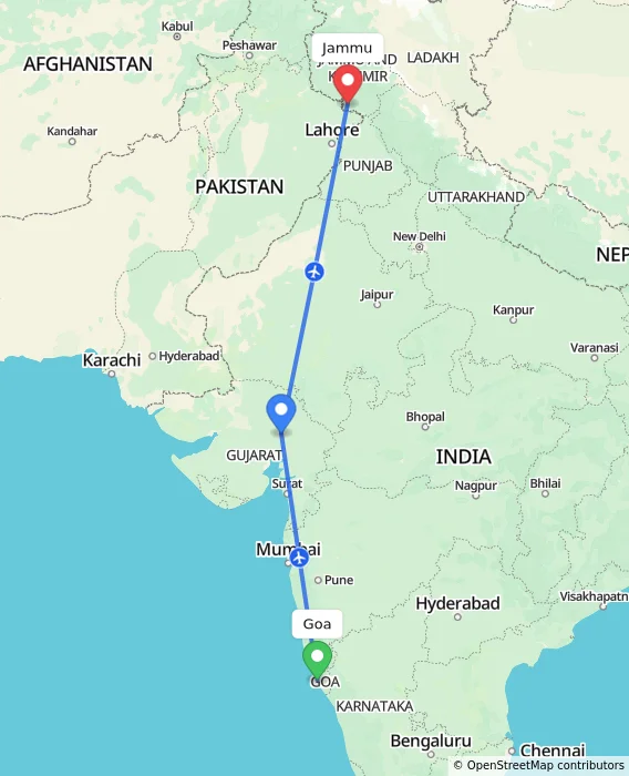 Route map showing distance and travel time from Goa, India to Jammu, India