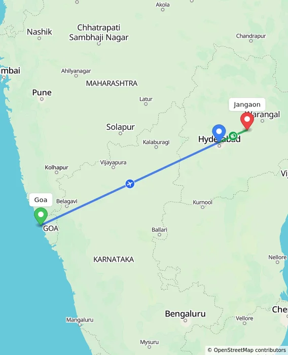 Route map showing distance and travel time from Goa, India to Jangaon, India