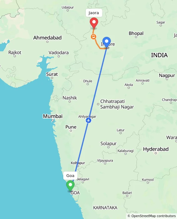 Route map showing distance and travel time from Goa, India to Jaora, India