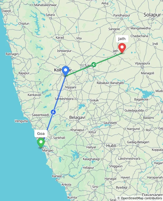 Route map showing distance and travel time from Goa, India to Jath, India