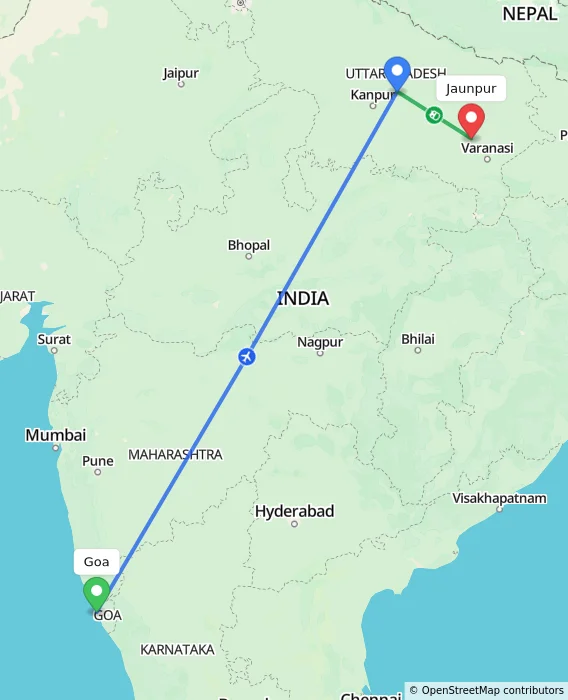 Route map showing distance and travel time from Goa, India to Jaunpur, India