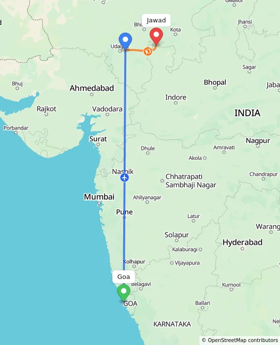 Route map showing distance and travel time from Goa, India to Jawad, India