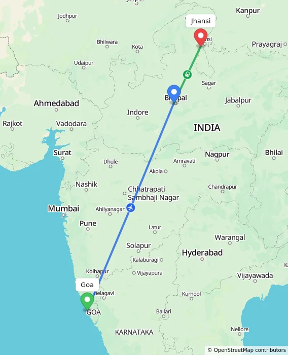 Route map showing distance and travel time from Goa, India to Jhansi, India