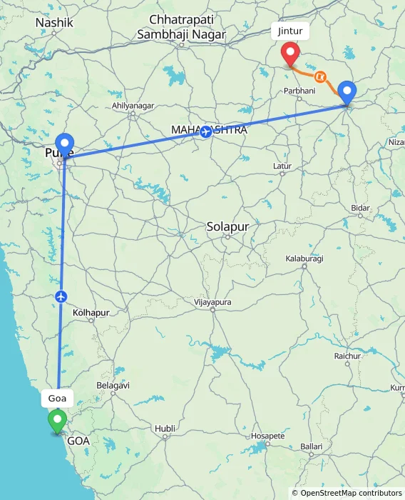 Route map showing distance and travel time from Goa, India to Jintur, India