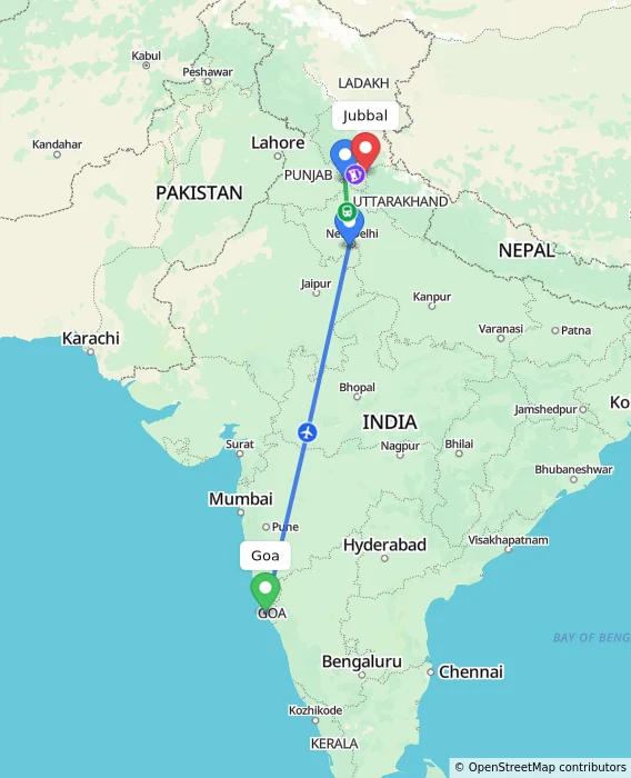 Route map showing distance and travel time from Goa, India to Jubbal, India