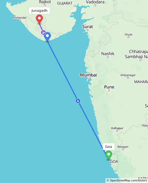 Route map showing distance and travel time from Goa, India to Junagadh, India