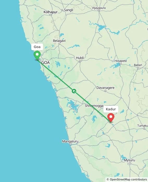 Route map showing distance and travel time from Goa, India to Kadur, India