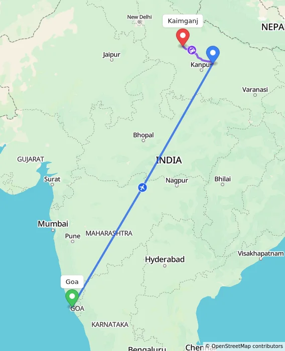 Route map showing distance and travel time from Goa, India to Kaimganj, India
