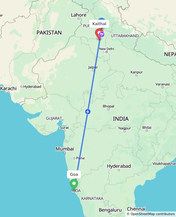 Route map showing distance and travel time from Goa, India to Kaithal, India