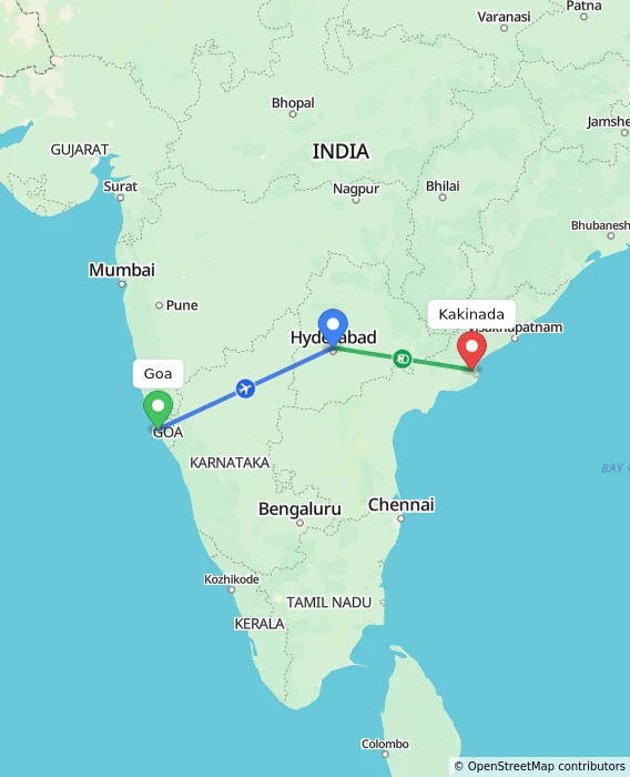 Route map showing distance and travel time from Goa, India to Kakinada, India